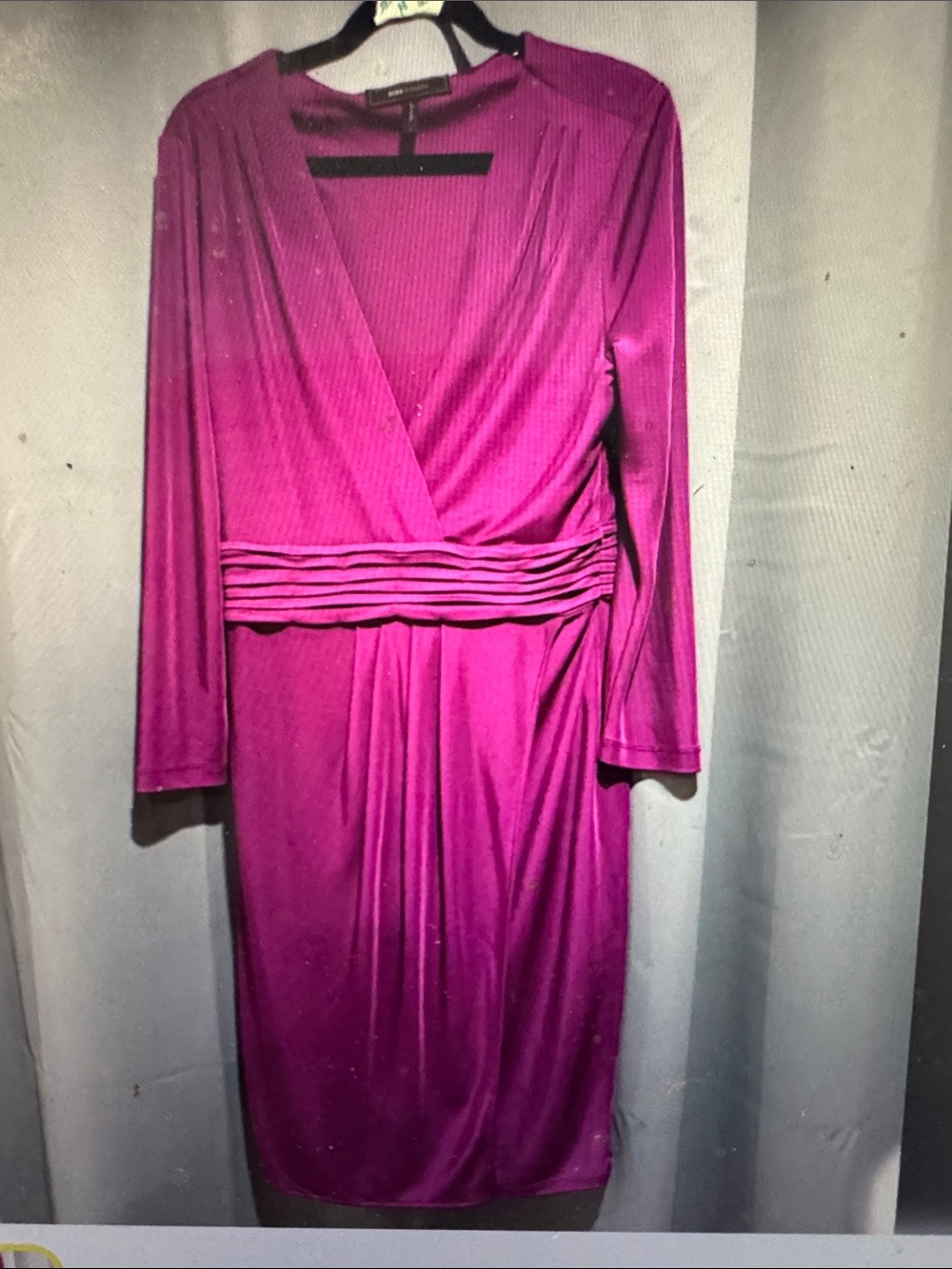 Vintage y2k BCBG Fuchsia Long-Sleeve Wrap Dress with Pleated Waist